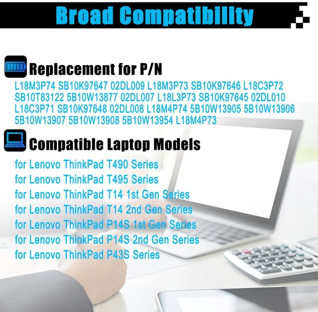 Alt view image 3 of 7 - L18M3P74 L18M3P73 L18L3P73 Battery Replacement for Lenovo ThinkPad T490 T495 T14 P43S P14S Series SB10K97646 02DL009 L18M4P74 SB10K97647 02DL010 L18C3P71 SB10K97648 02DL007 02DL008 51Wh 4345mAh