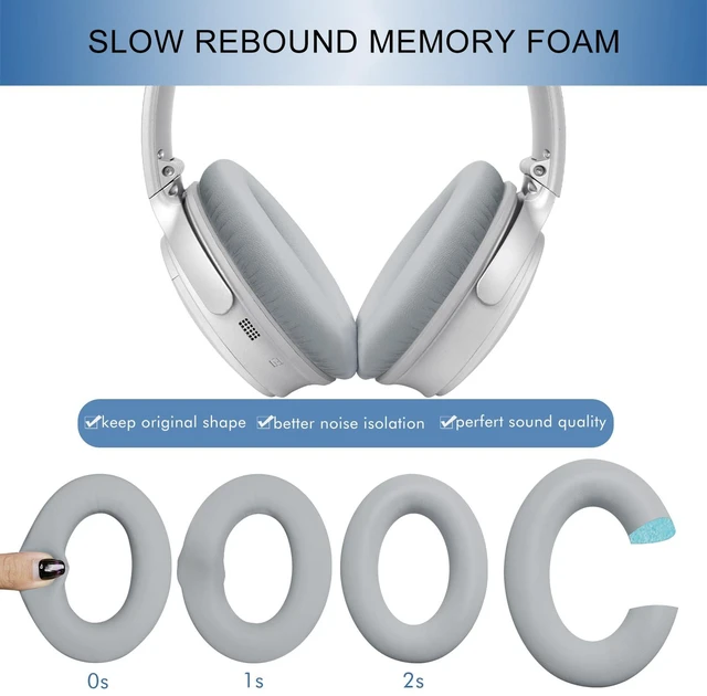 Alt view image 4 of 7 - Replacement Ear Pads for Bose QC35 & QC35 ii, Silver Earpads for Bose QuietComfort 35ii 35 Headphones, Protein Leather, Noise Isolation Memory Foam