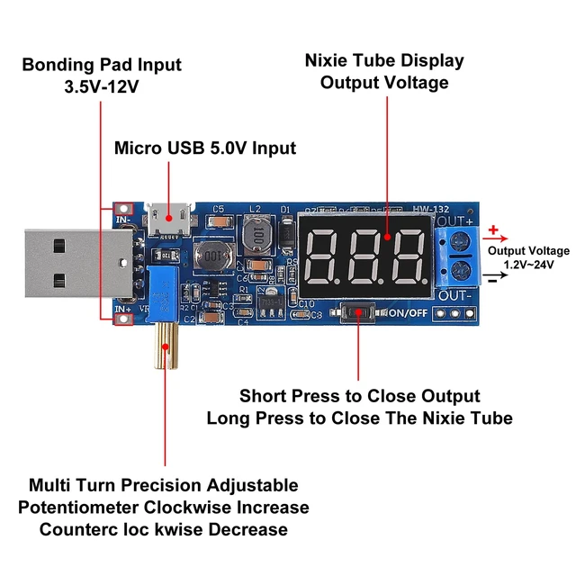 Alt view image 4 of 6 - 4pcs USB Buck Boost Converter 3.5V-12V to 1.2V-24V DC-DC Adjustable Step Up Step Down Power Supply Module Voltage Regulator 5V to 3.3V 9V 12V 18V 24V