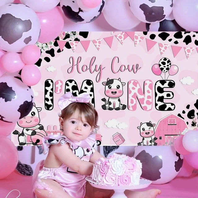 Alt view image 2 of 6 - Holy Cow I'm One Birthday Banner Decorations Girls My First Rodeo Pink Cow Print Floral Photography Background (pink, 7x5ft (82x60 inch))