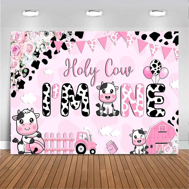 Main image of Holy Cow I'm One Birthday Banner Decorations Girls My First Rodeo Pink Cow Print Floral Photography Background (pink, 7x5ft (82x60 inch))