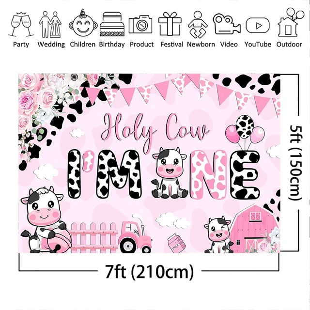 Alt view image 4 of 6 - Holy Cow I'm One Birthday Banner Decorations Girls My First Rodeo Pink Cow Print Floral Photography Background (pink, 7x5ft (82x60 inch))