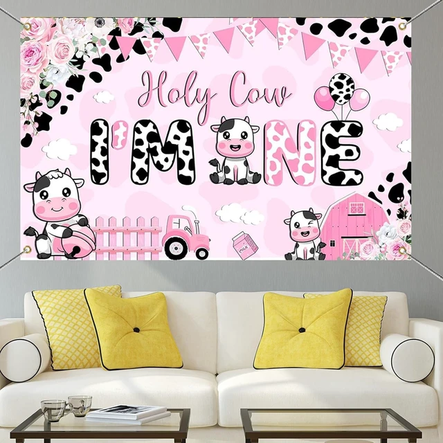 Alt view image 3 of 6 - Holy Cow I'm One Birthday Banner Decorations Girls My First Rodeo Pink Cow Print Floral Photography Background (pink, 7x5ft (82x60 inch))
