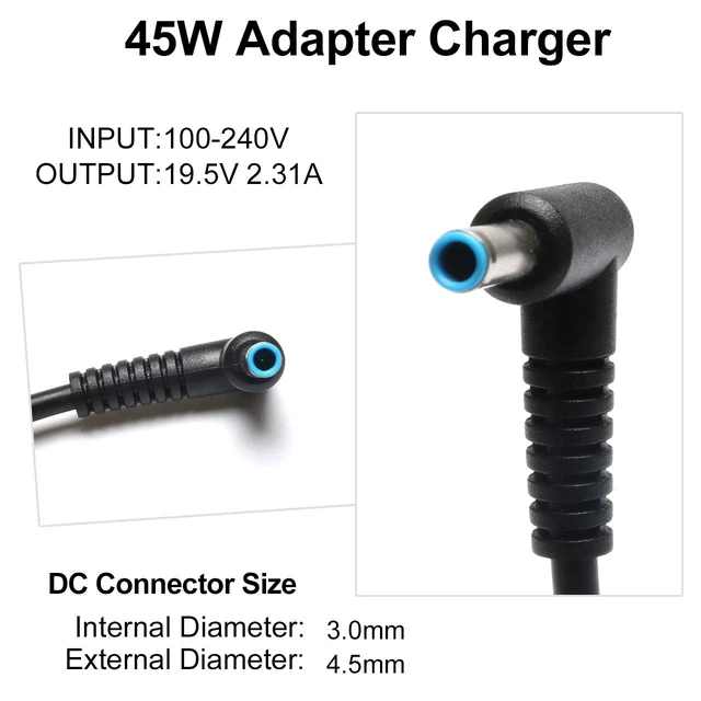 Alt view image 3 of 7 - 45W 19.5V 2.31A AC Adapter Compatible with HP Envy X360 13 15/Zbook Compatible with HP Pavilion X360 11 13 15, Stream 13 11 14;Elitebook 830 840 850 G3 G4 G5 G6;Zbook 14u G4 G5 G3 Power Cord