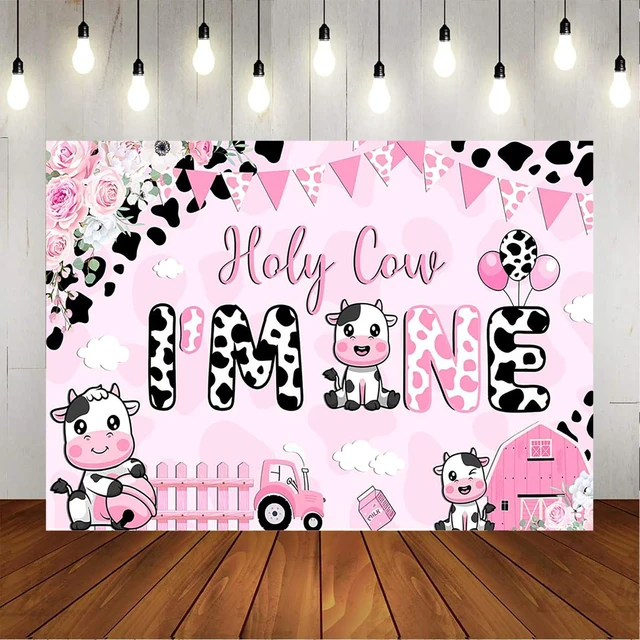 Alt view image 5 of 6 - Holy Cow I'm One Birthday Banner Decorations Girls My First Rodeo Pink Cow Print Floral Photography Background (pink, 7x5ft (82x60 inch))