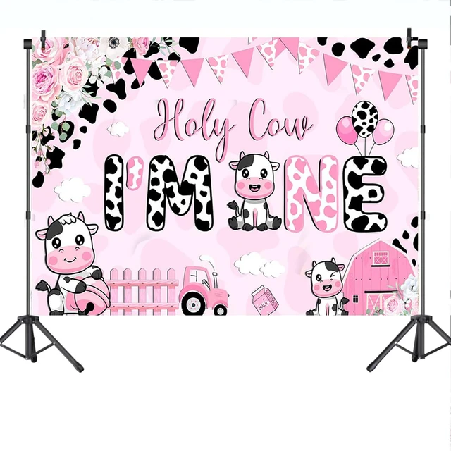 Alt view image 6 of 6 - Holy Cow I'm One Birthday Banner Decorations Girls My First Rodeo Pink Cow Print Floral Photography Background (pink, 7x5ft (82x60 inch))
