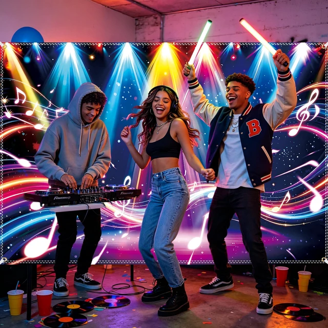 Alt view image 6 of 6 - Rainbow Stage Disco Backdrop 10x6.5ft Neon Dance Party Photography Background 80s 90s Disco Party Decorations for Retro Disco Birthday Party,Club & Bar Themed Decor