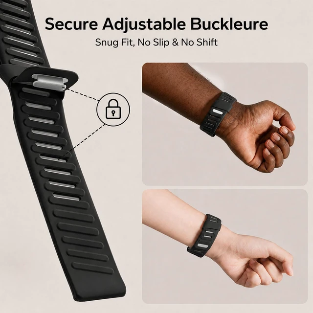 Alt view image 4 of 7 - Skin-Friendly Silicone Band Compatible with WHOOP 5.0/One/Peak/Life Breathable Waterproof Adjustable Strap for Men/Women 24/7 Comfort for Workouts, Commutes & Sleep