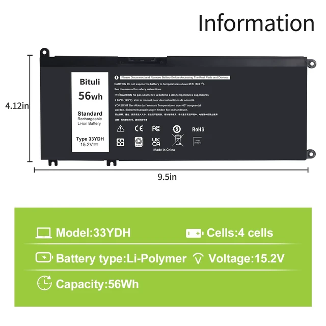 Alt view image 2 of 7 - 33YDH Laptop Battery for Dell Inspiron 17 7000 7778 7779 7786 7773 15 7577 G3 3579 3779 G5 5587 G7 7588 Latitude 13 3380 14 3490 15 3590 3580 PVHT1 P30E 81PF3 081PF3 56WH
