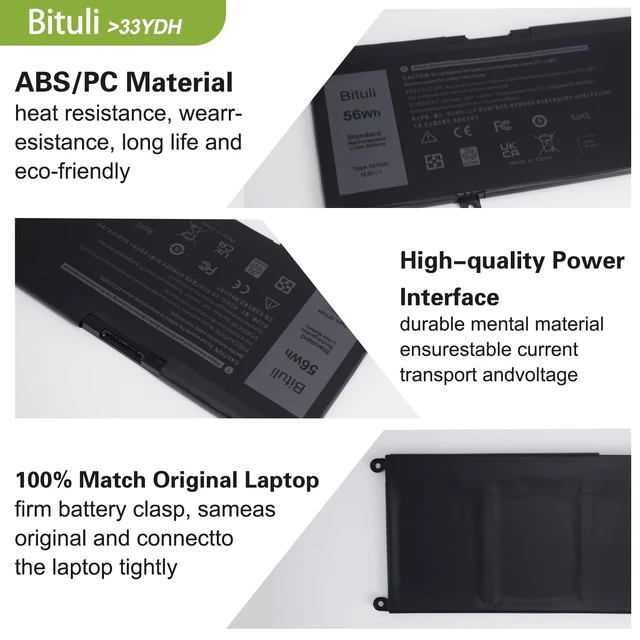 Alt view image 3 of 7 - 33YDH Laptop Battery for Dell Inspiron 17 7000 7778 7779 7786 7773 15 7577 G3 3579 3779 G5 5587 G7 7588 Latitude 13 3380 14 3490 15 3590 3580 PVHT1 P30E 81PF3 081PF3 56WH