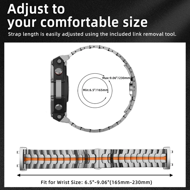Alt view image 5 of 7 - Metal Band for Amazfit T-Rex 3 48mm (Orange Titanium) Stainless Steel Metal Strap No Gap Adjustable Replacement Wristband Men Women for Amazfit T-Rex 3 48mm