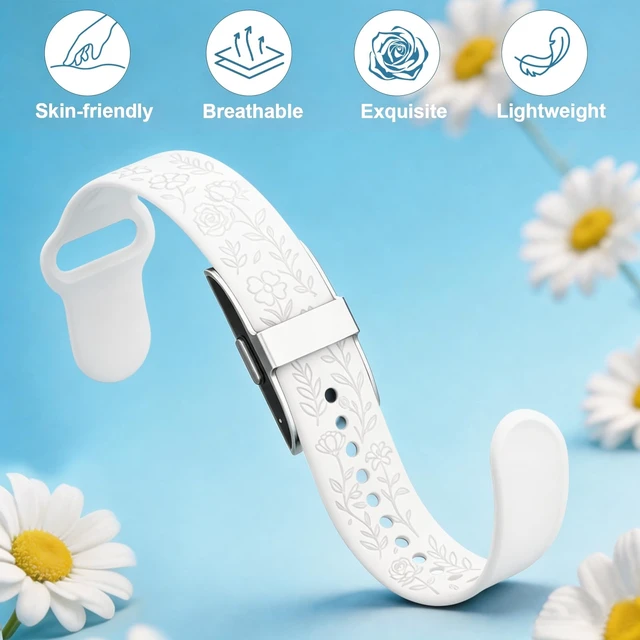 Alt view image 4 of 7 - Floral Engraved Band Compatible with Hume Band Replacement Strap 1.0 Soft Silicone Flower Pattern Loop Sport Replacement Wristband for Hume Health 1.0 Band for Women (Not for Hume 2.0)