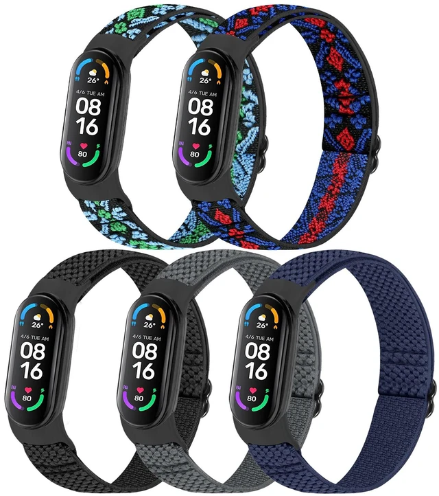 Main image of 5 Pack Solo Loop Nylon Band Compatible With Xiaomi Mi Band 7 6 5 4 3/Amazfit Band 5 Straps, Adjustable Breathable Comfortable Elastic Sport Replacement Strap for Women Men