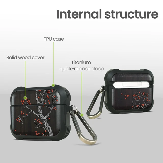 Alt view image 4 of 7 - Balck Solid Wood for AirPods Pro 2 Case (2nd/1st Gen) Crimson Bloom Airpods Pro Case 2nd / 1st Generation (2023/2022/2019) with Quick Released Keychain, TPU Shockproof Cover, Hand-Drawn Style