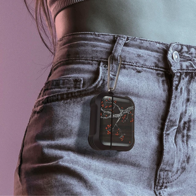 Alt view image 6 of 7 - Balck Solid Wood for AirPods Pro 2 Case (2nd/1st Gen) Crimson Bloom Airpods Pro Case 2nd / 1st Generation (2023/2022/2019) with Quick Released Keychain, TPU Shockproof Cover, Hand-Drawn Style