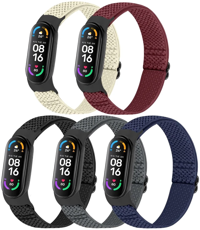Main image of 5 Pack Solo Loop Nylon Band Compatible With Xiaomi Mi Band 7 6 5 4 3/Amazfit Band 5 Straps, Adjustable Breathable Comfortable Elastic Sport Replacement Strap for Women Men