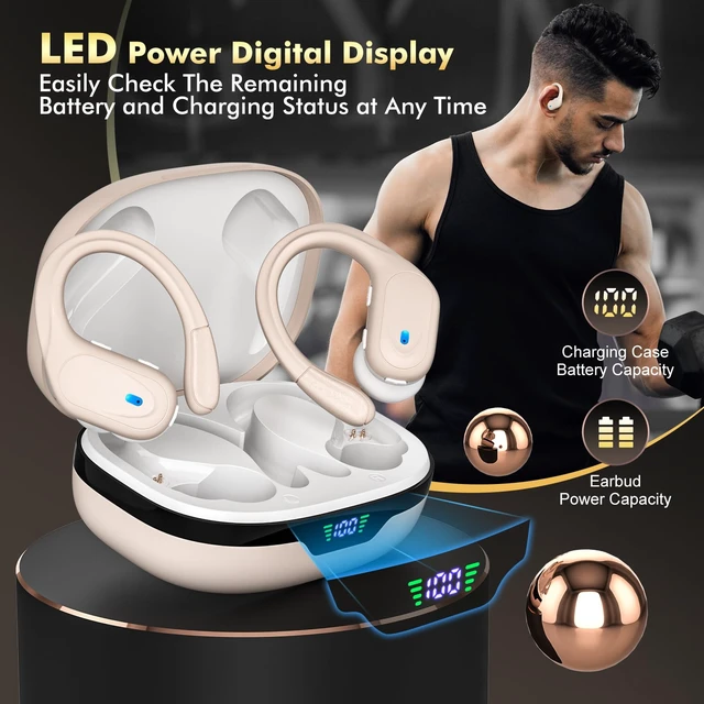 Alt view image 7 of 7 - Wireless Earbuds, Sports Bluetooth Headphones, 80Hrs Playtime Ear Buds with LED Power Display, Noise Canceling Headset, IPX7 Waterproof Earphones for Workout/Running (Camel)