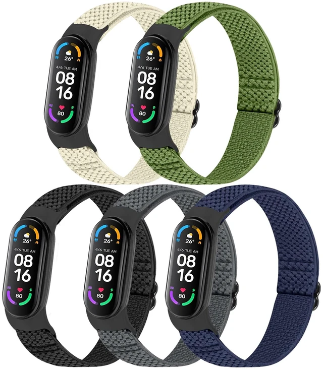 Main image of 5 Pack Solo Loop Nylon Band Compatible With Xiaomi Mi Band 7 6 5 4 3/Amazfit Band 5 Straps, Adjustable Breathable Comfortable Elastic Sport Replacement Strap for Women Men