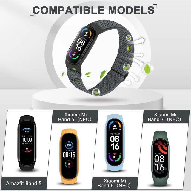 Alt view image 2 of 7 - 5 Pack Solo Loop Nylon Band Compatible With Xiaomi Mi Band 7 6 5 4 3/Amazfit Band 5 Straps, Adjustable Breathable Comfortable Elastic Sport Replacement Strap for Women Men