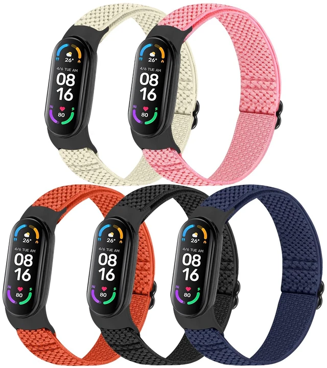 Main image of 5 Pack Solo Loop Nylon Band Compatible With Xiaomi Mi Band 7 6 5 4 3/Amazfit Band 5 Straps, Adjustable Breathable Comfortable Elastic Sport Replacement Strap for Women Men