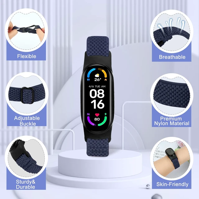 Alt view image 3 of 7 - 5 Pack Solo Loop Nylon Band Compatible With Xiaomi Mi Band 7 6 5 4 3/Amazfit Band 5 Straps, Adjustable Breathable Comfortable Elastic Sport Replacement Strap for Women Men