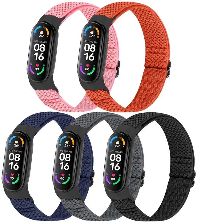 Main image of 5 Pack Solo Loop Nylon Band Compatible With Xiaomi Mi Band 7 6 5 4 3/Amazfit Band 5 Straps, Adjustable Breathable Comfortable Elastic Sport Replacement Strap for Women Men