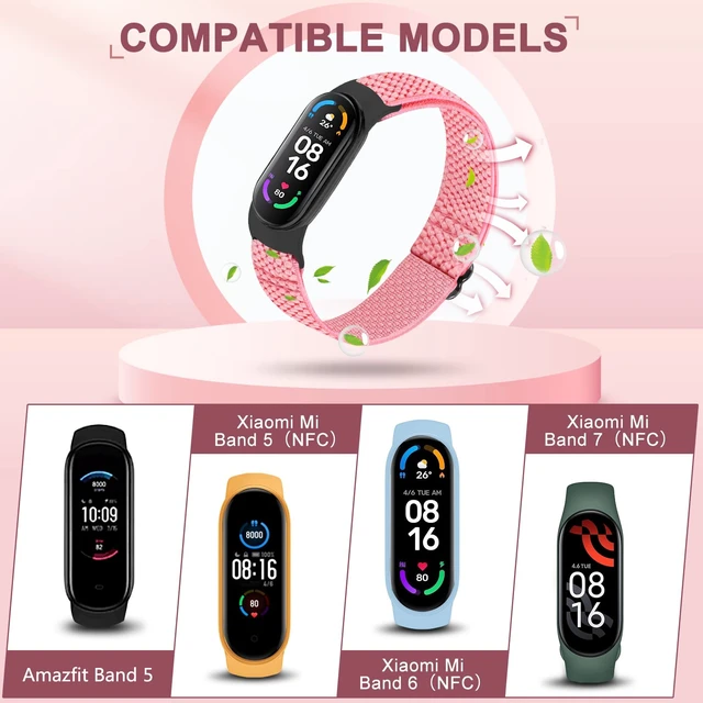 Alt view image 2 of 7 - 5 Pack Solo Loop Nylon Band Compatible With Xiaomi Mi Band 7 6 5 4 3/Amazfit Band 5 Straps, Adjustable Breathable Comfortable Elastic Sport Replacement Strap for Women Men