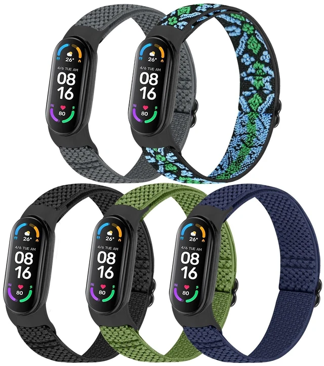 Main image of 5 Pack Solo Loop Nylon Band Compatible With Xiaomi Mi Band 7 6 5 4 3/Amazfit Band 5 Straps, Adjustable Breathable Comfortable Elastic Sport Replacement Strap for Women Men