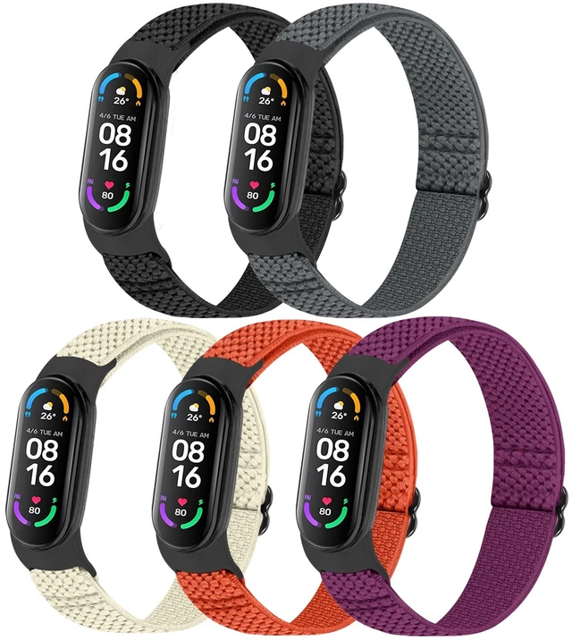 Main image of 5 Pack Solo Loop Nylon Band Compatible With Xiaomi Mi Band 7 6 5 4 3/Amazfit Band 5 Straps, Adjustable Breathable Comfortable Elastic Sport Replacement Strap for Women Men