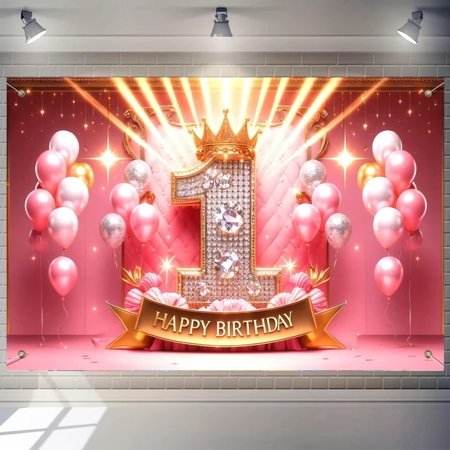 Main image of Pink Gold 1st Happy Birthday Banner 71x43 Inch Photo Booth Pink Gold Birthday Banner Crown Queen Backdrop Baby Nursery Indoor Hall Lawn Crown Pattern