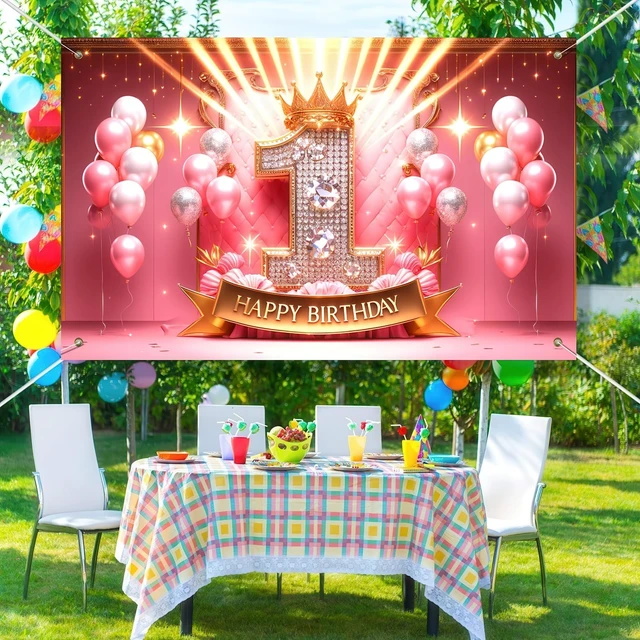 Alt view image 2 of 5 - Pink Gold 1st Happy Birthday Banner 71x43 Inch Photo Booth Pink Gold Birthday Banner Crown Queen Backdrop Baby Nursery Indoor Hall Lawn Crown Pattern