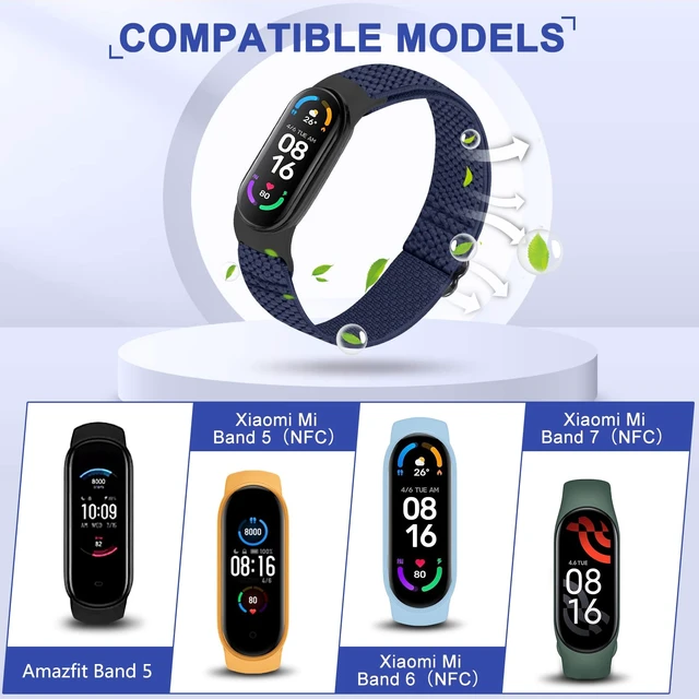Alt view image 2 of 7 - 5 Pack Solo Loop Nylon Band Compatible With Xiaomi Mi Band 7 6 5 4 3/Amazfit Band 5 Straps, Adjustable Breathable Comfortable Elastic Sport Replacement Strap for Women Men