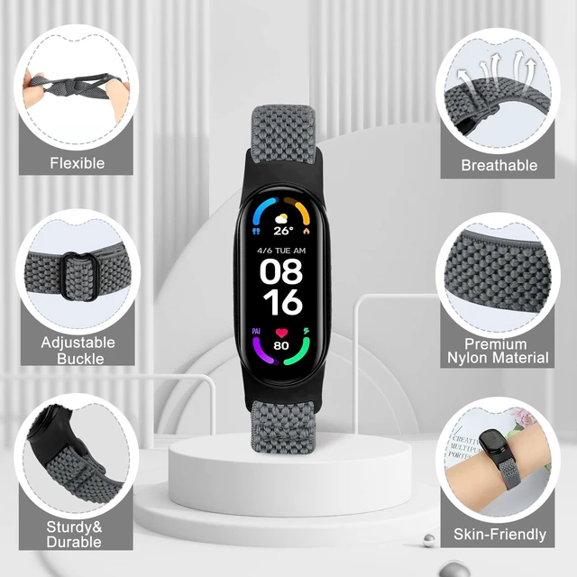 Alt view image 3 of 7 - 5 Pack Solo Loop Nylon Band Compatible With Xiaomi Mi Band 7 6 5 4 3/Amazfit Band 5 Straps, Adjustable Breathable Comfortable Elastic Sport Replacement Strap for Women Men