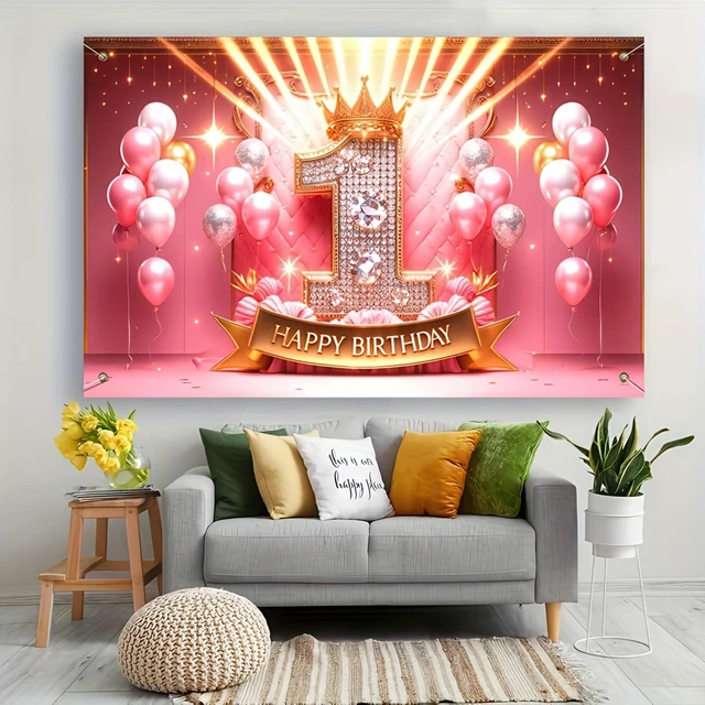 Alt view image 3 of 5 - Pink Gold 1st Happy Birthday Banner 71x43 Inch Photo Booth Pink Gold Birthday Banner Crown Queen Backdrop Baby Nursery Indoor Hall Lawn Crown Pattern