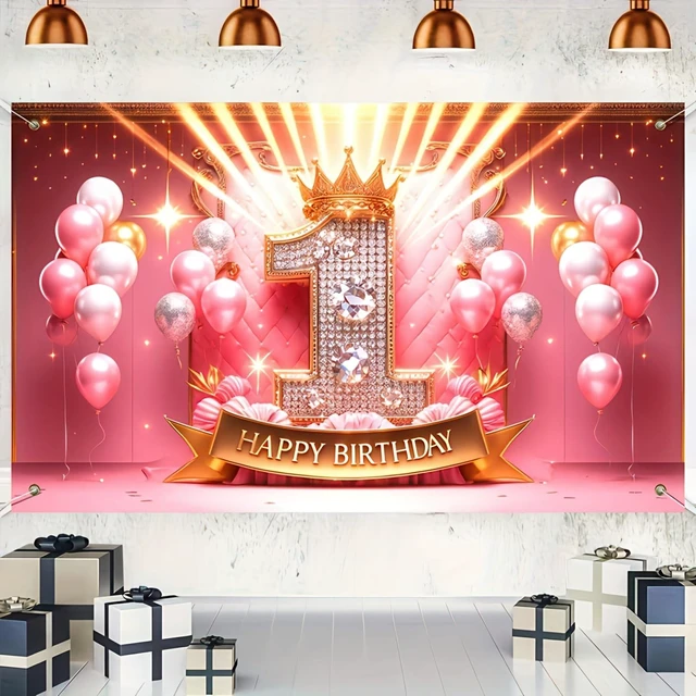 Alt view image 4 of 5 - Pink Gold 1st Happy Birthday Banner 71x43 Inch Photo Booth Pink Gold Birthday Banner Crown Queen Backdrop Baby Nursery Indoor Hall Lawn Crown Pattern