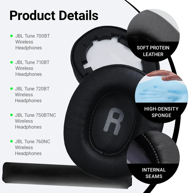 Alt view image 2 of 6 - 1 Pair Headphone Ear Pads and 1 Headband Replacement for JBL Tune 700(700BT)/710(710BT)/720(720BT)/750(750BT,750BTNC), 760(760NC), Earpads Cushions with Soft Protein Leather and Memory Foam