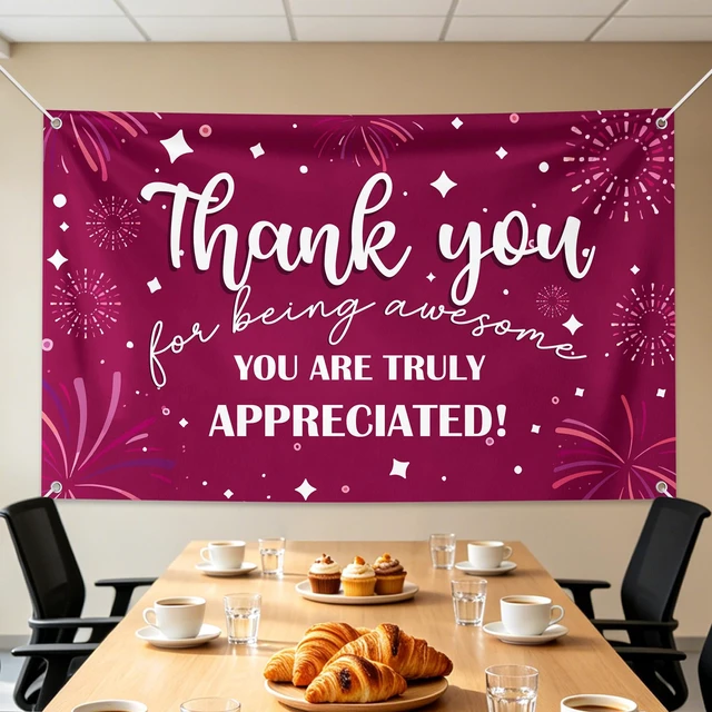 Alt view image 5 of 6 - 6×3.6ft Appreciation Banner for Work,Thank You Banner Backdrop,Appreciation Decoration for Employee Administrative Day Retirement Office Volunteer Teacher Professor Doctor Nurse & Staff Gifts,Pink
