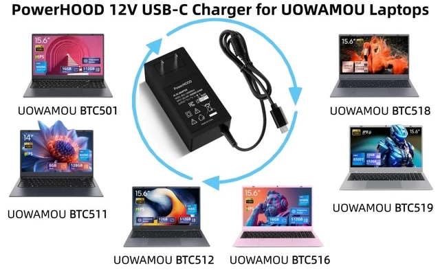 Alt view image 2 of 7 - 12V USB-C Adapter for UOWAMOU BTC501 BTC512 BTC511 BTC518 BTC516 BTC519 PC BTC 501 512 511 518 516 519 Intel N5095 N95 14.1" 15.6" Laptop Computer 12volt USB Type-C Power Supply Cord Charger PSU
