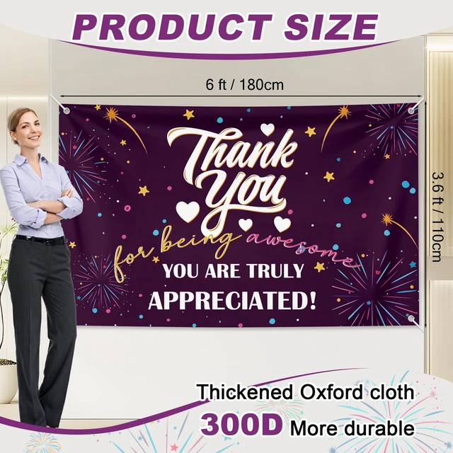 Alt view image 2 of 6 - 6×3.6ft Appreciation Banner for Work,Thank You Banner Backdrop,Appreciation Decoration for Employee Administrative Day Retirement Office Volunteer Teacher Professor Doctor Nurse & Staff Gifts,Purple