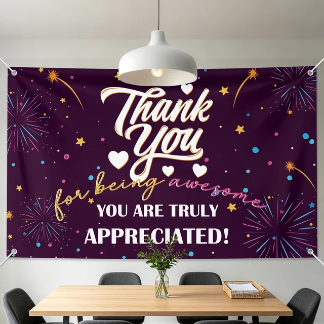 Alt view image 4 of 6 - 6×3.6ft Appreciation Banner for Work,Thank You Banner Backdrop,Appreciation Decoration for Employee Administrative Day Retirement Office Volunteer Teacher Professor Doctor Nurse & Staff Gifts,Purple