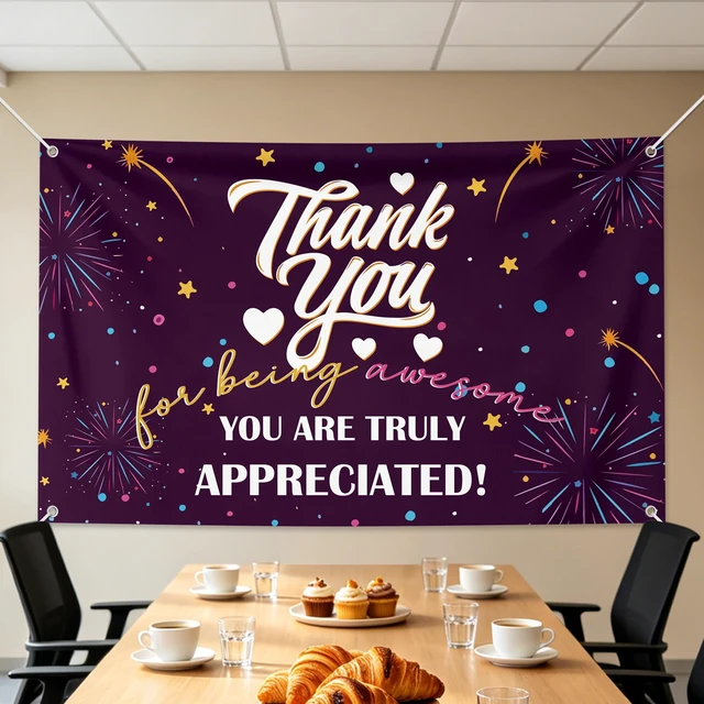 Alt view image 5 of 6 - 6×3.6ft Appreciation Banner for Work,Thank You Banner Backdrop,Appreciation Decoration for Employee Administrative Day Retirement Office Volunteer Teacher Professor Doctor Nurse & Staff Gifts,Purple