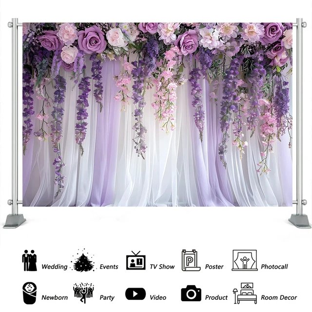 Alt view image 7 of 7 - Purple Flower Lavender Backdrop 7x5ft Lavender Purple Floral Backdrop Photo Booth, Purple Violet Bridal Shower Wedding Party Decoration Background Studio Props