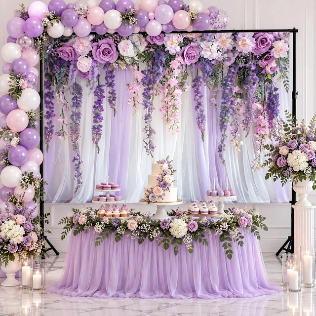 Alt view image 5 of 7 - Purple Flower Lavender Backdrop 7x5ft Lavender Purple Floral Backdrop Photo Booth, Purple Violet Bridal Shower Wedding Party Decoration Background Studio Props