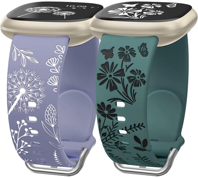 Main image of 2 Packs Floral Engraved Band Compatible with Fitbit Versa 4 Bands Versa 3 4 Bands/Sense 2/Sense Bands Women, Cute Two-Tone Flower Soft Silicone Sport Strap for Versa 3 4 Sense 2 Watch Band
