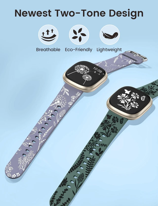 Alt view image 2 of 6 - 2 Packs Floral Engraved Band Compatible with Fitbit Versa 4 Bands Versa 3 4 Bands/Sense 2/Sense Bands Women, Cute Two-Tone Flower Soft Silicone Sport Strap for Versa 3 4 Sense 2 Watch Band