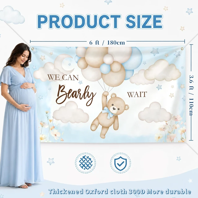Alt view image 2 of 7 - 6 × 3.6 Ft We Can Bearly Wait Baby Shower Backdrop Banner Bear Baby Shower Decorations Gender Reveal Party Cute Photo Booth Background with Metal Eyelets and String
