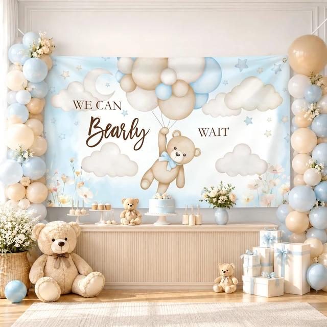 Alt view image 4 of 7 - 6 × 3.6 Ft We Can Bearly Wait Baby Shower Backdrop Banner Bear Baby Shower Decorations Gender Reveal Party Cute Photo Booth Background with Metal Eyelets and String