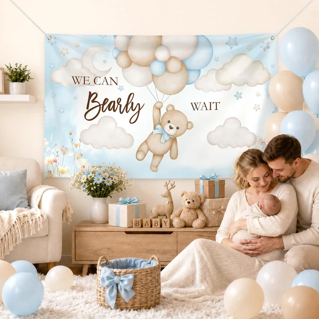 Alt view image 6 of 7 - 6 × 3.6 Ft We Can Bearly Wait Baby Shower Backdrop Banner Bear Baby Shower Decorations Gender Reveal Party Cute Photo Booth Background with Metal Eyelets and String