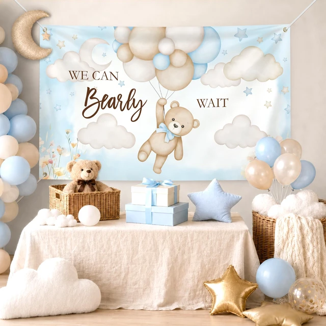 Alt view image 5 of 7 - 6 × 3.6 Ft We Can Bearly Wait Baby Shower Backdrop Banner Bear Baby Shower Decorations Gender Reveal Party Cute Photo Booth Background with Metal Eyelets and String