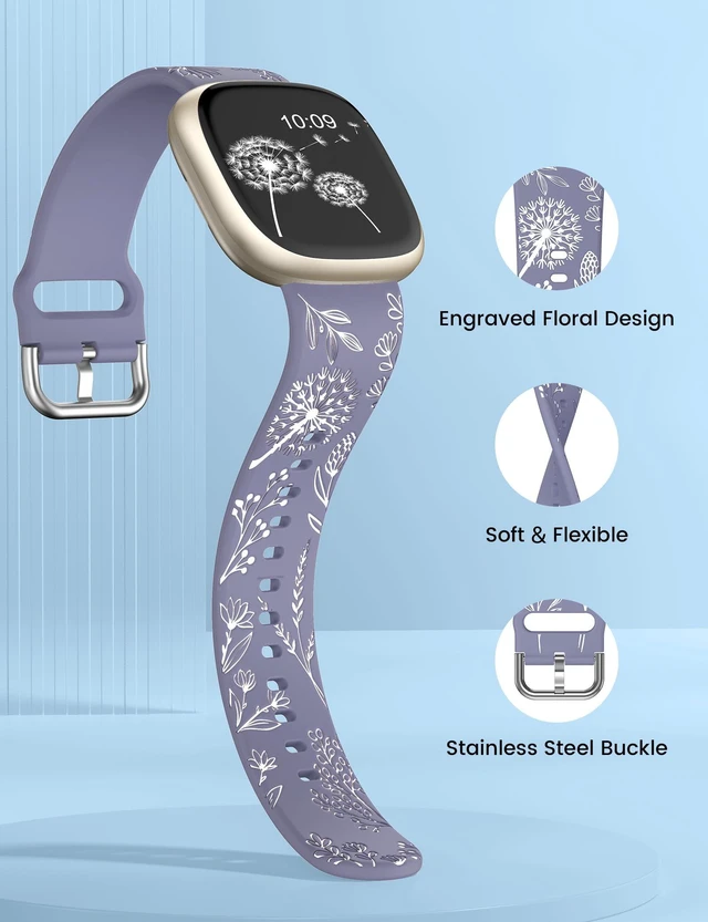 Alt view image 4 of 6 - 2 Packs Floral Engraved Band Compatible with Fitbit Versa 4 Bands Versa 3 4 Bands/Sense 2/Sense Bands Women, Cute Two-Tone Flower Soft Silicone Sport Strap for Versa 3 4 Sense 2 Watch Band